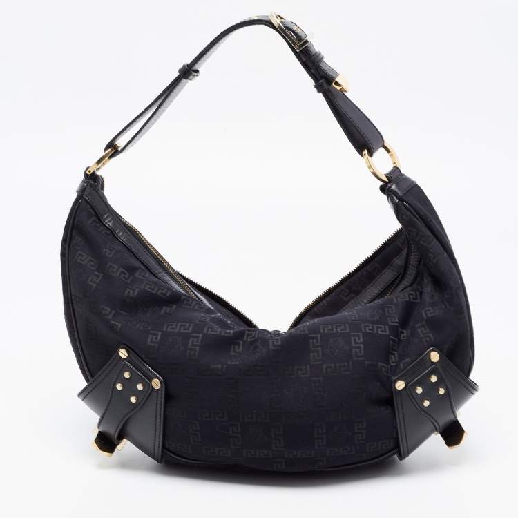 مملوكة مسبقًا Versace Black Monogram Fabric and Leather Biker Hobo