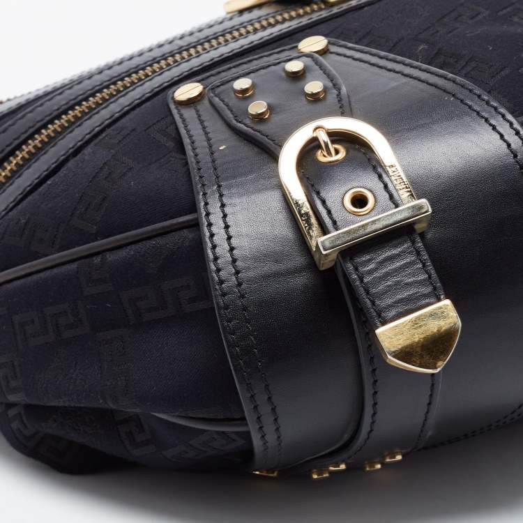 مملوكة مسبقًا Versace Black Monogram Fabric and Leather Biker Hobo