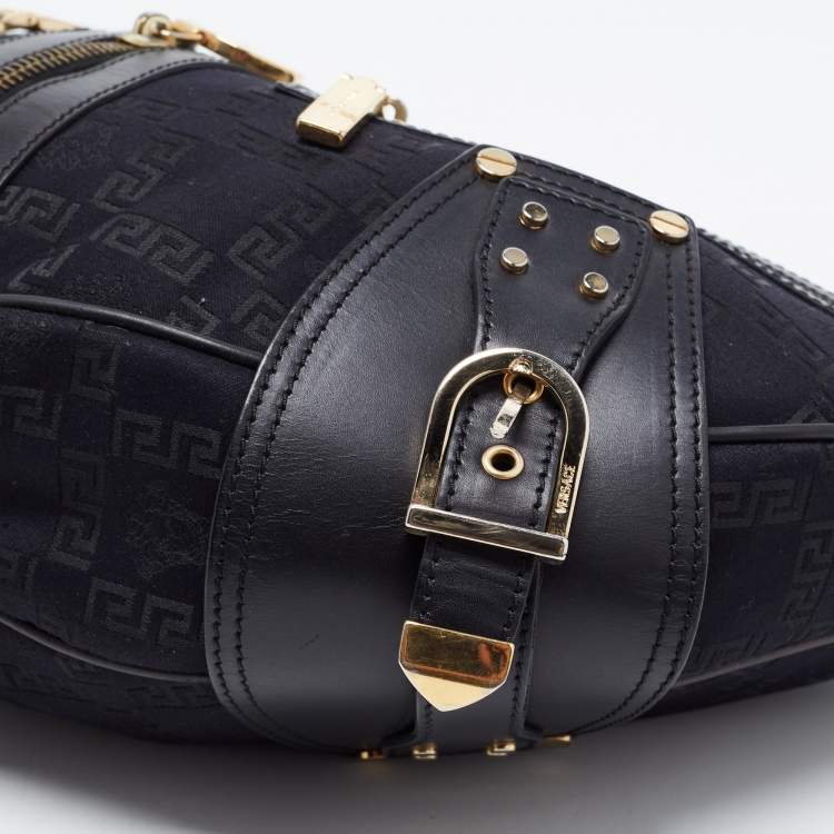 مملوكة مسبقًا Versace Black Monogram Fabric and Leather Biker Hobo