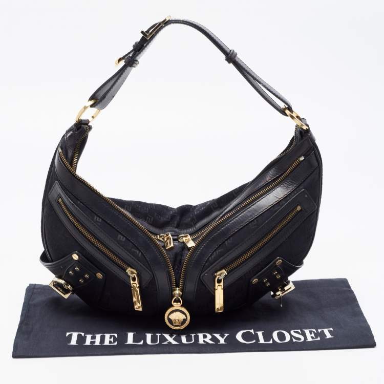 مملوكة مسبقًا Versace Black Monogram Fabric and Leather Biker Hobo