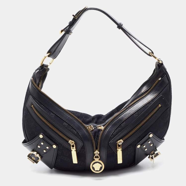مملوكة مسبقًا Versace Black Monogram Fabric and Leather Biker Hobo