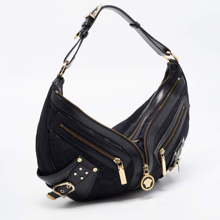 مملوكة مسبقًا Versace Black Monogram Fabric and Leather Biker Hobo