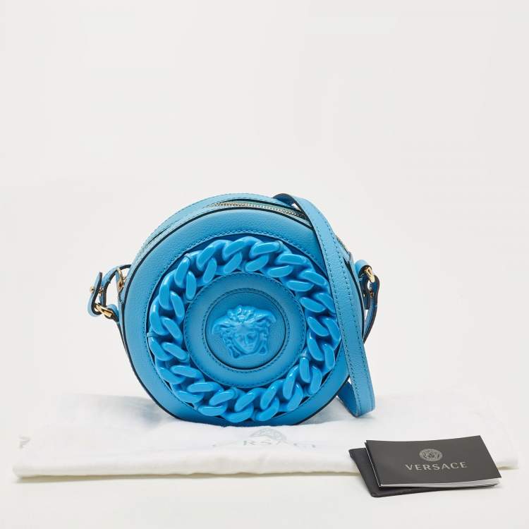 Pre Owned Versace Light Blue Leather La Medusa Round Crossbody Bag