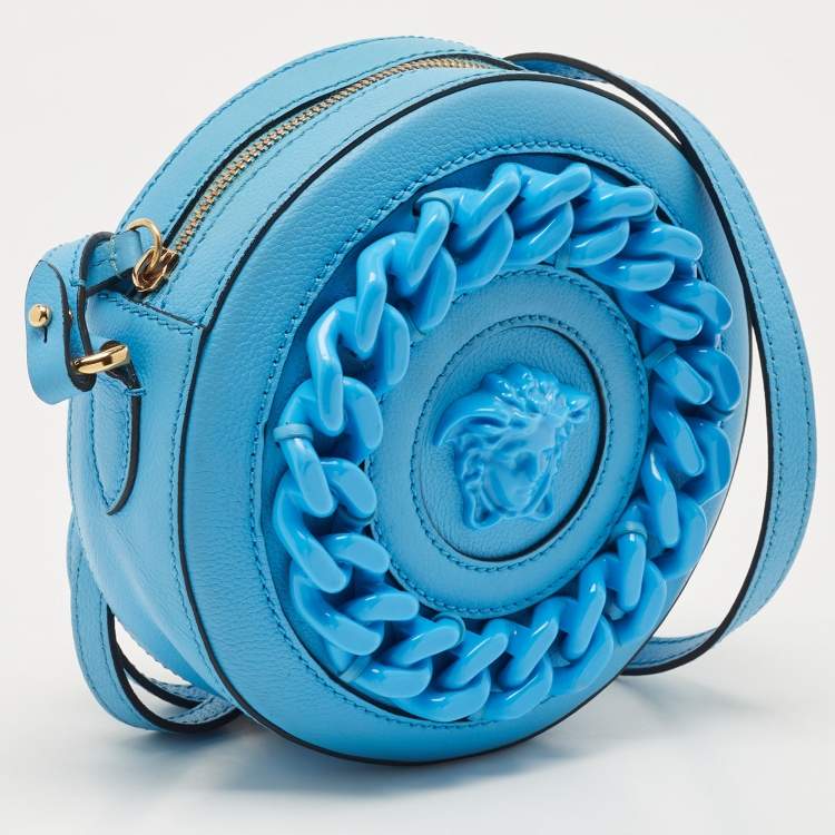Pre Owned Versace Light Blue Leather La Medusa Round Crossbody Bag