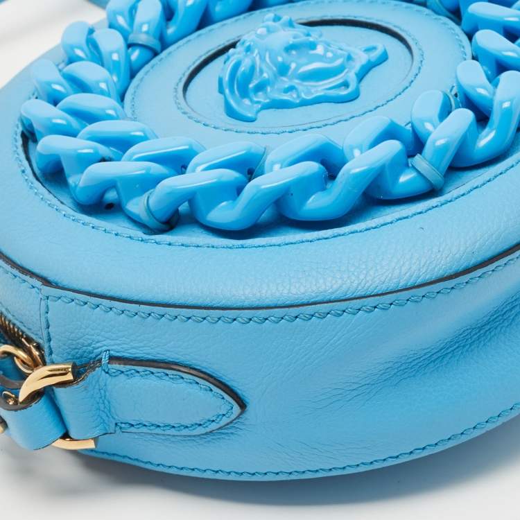 Pre Owned Versace Light Blue Leather La Medusa Round Crossbody Bag