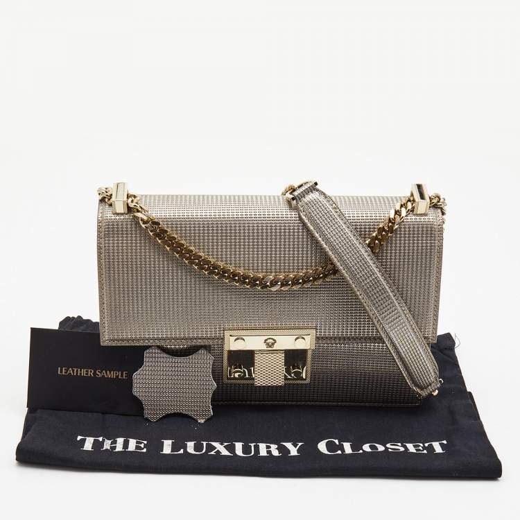 Pre Owned Versace Light Gold Textured Leather Diamante Flap Shoulder Bag