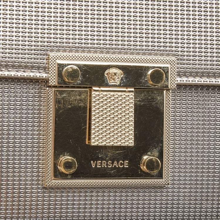 Pre Owned Versace Light Gold Textured Leather Diamante Flap Shoulder Bag