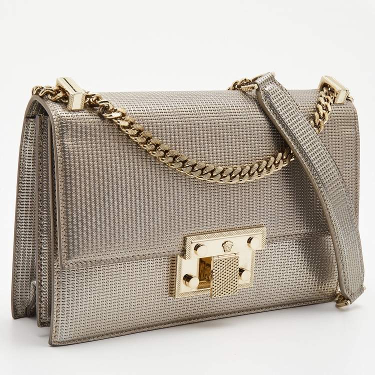 Pre Owned Versace Light Gold Textured Leather Diamante Flap Shoulder Bag