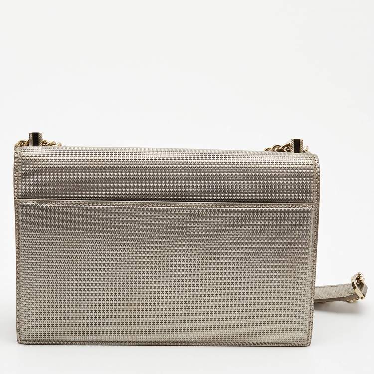 Pre Owned Versace Light Gold Textured Leather Diamante Flap Shoulder Bag