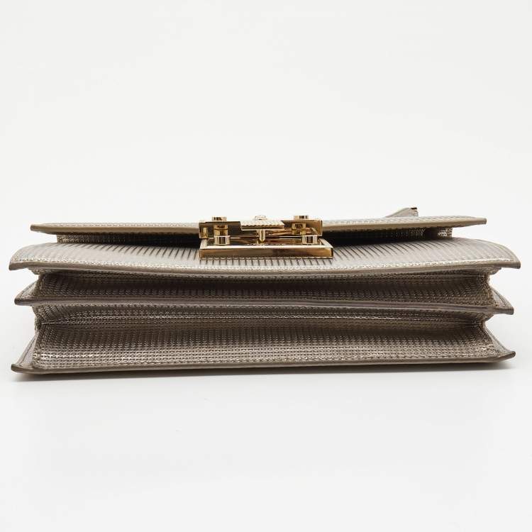 Pre Owned Versace Light Gold Textured Leather Diamante Flap Shoulder Bag