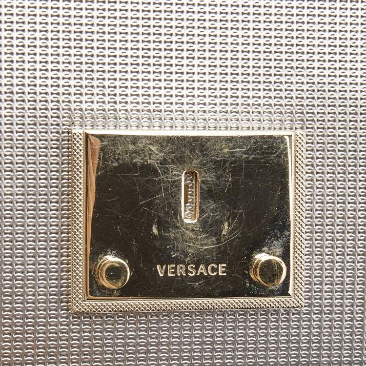 Pre Owned Versace Light Gold Textured Leather Diamante Flap Shoulder Bag