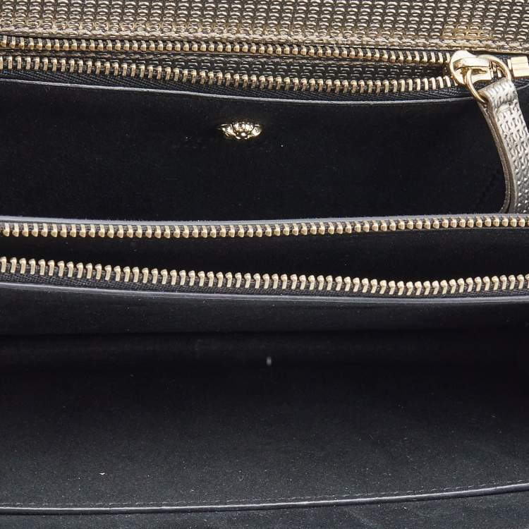 Pre Owned Versace Light Gold Textured Leather Diamante Flap Shoulder Bag