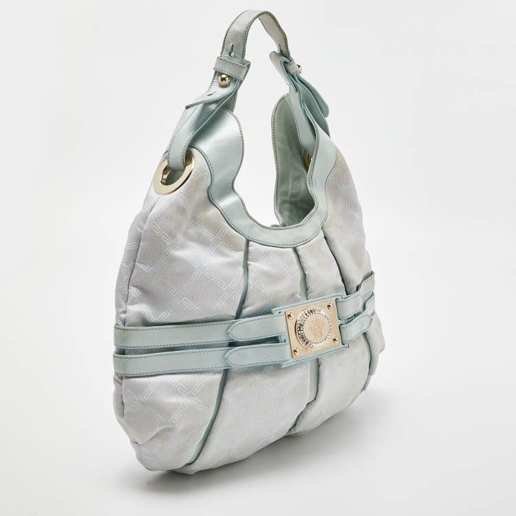 Pre Owned Versace Ice Blue Signature Nylon and Leather Hobo