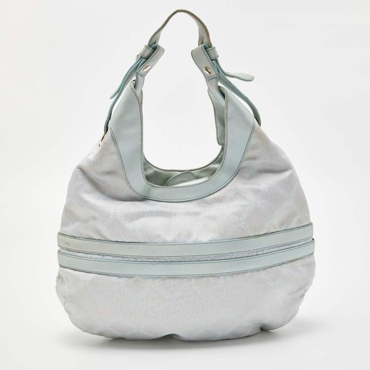 Pre Owned Versace Ice Blue Signature Nylon and Leather Hobo