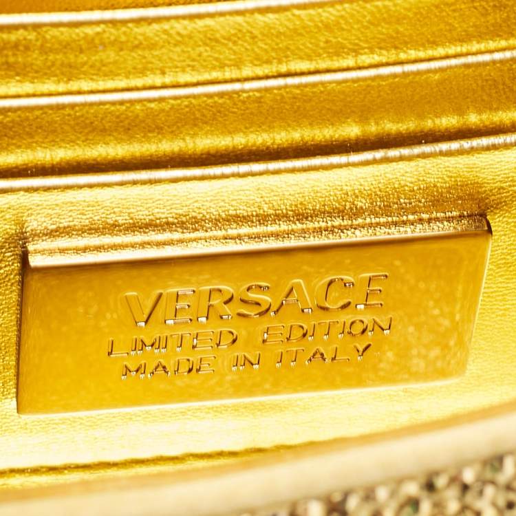 Pre Owned Versace Gold Satin Mini Limited Edition Crystal Embellished Top Handle Bag