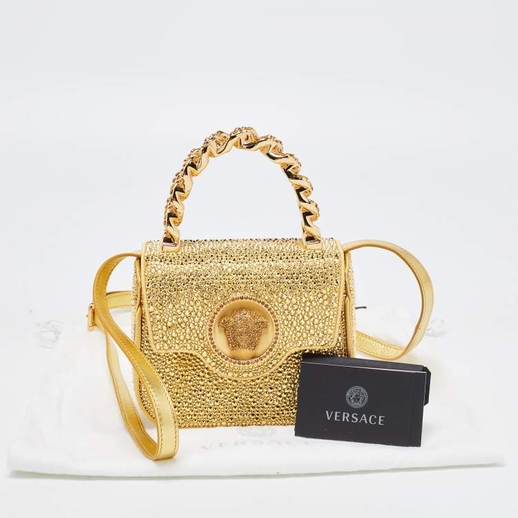Pre Owned Versace Gold Satin Mini Limited Edition Crystal Embellished Top Handle Bag