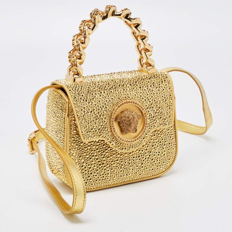 Pre Owned Versace Gold Satin Mini Limited Edition Crystal Embellished Top Handle Bag