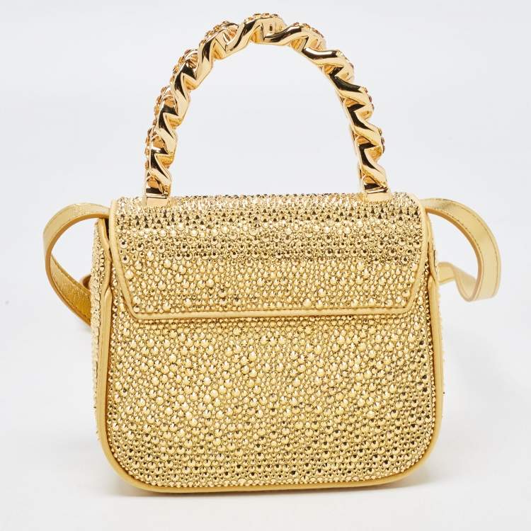 Pre Owned Versace Gold Satin Mini Limited Edition Crystal Embellished Top Handle Bag