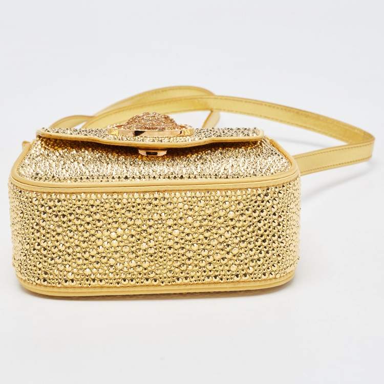 Pre Owned Versace Gold Satin Mini Limited Edition Crystal Embellished Top Handle Bag