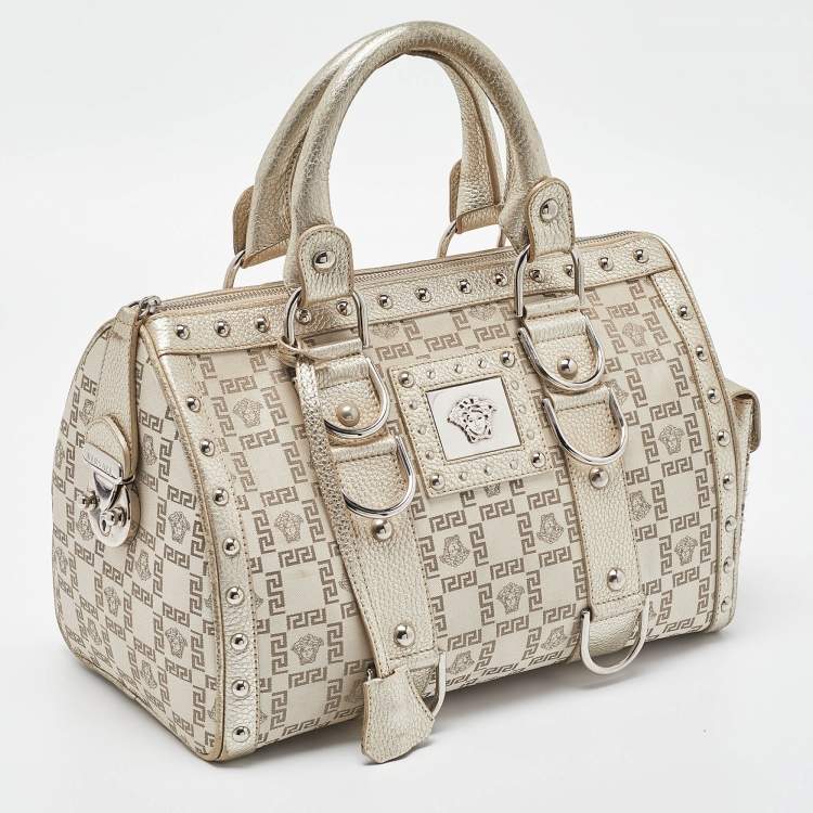 Pre Owned Versace Metallic Gold/Beige Signature Fabric and Leather Snap Out Of It Satchel