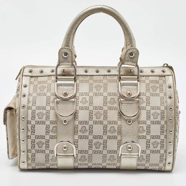 Pre Owned Versace Metallic Gold/Beige Signature Fabric and Leather Snap Out Of It Satchel
