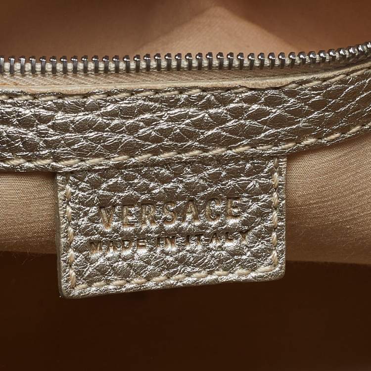 Pre Owned Versace Metallic Gold/Beige Signature Fabric and Leather Snap Out Of It Satchel