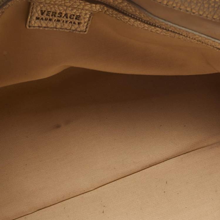 Pre Owned Versace Metallic Gold/Beige Signature Fabric and Leather Snap Out Of It Satchel