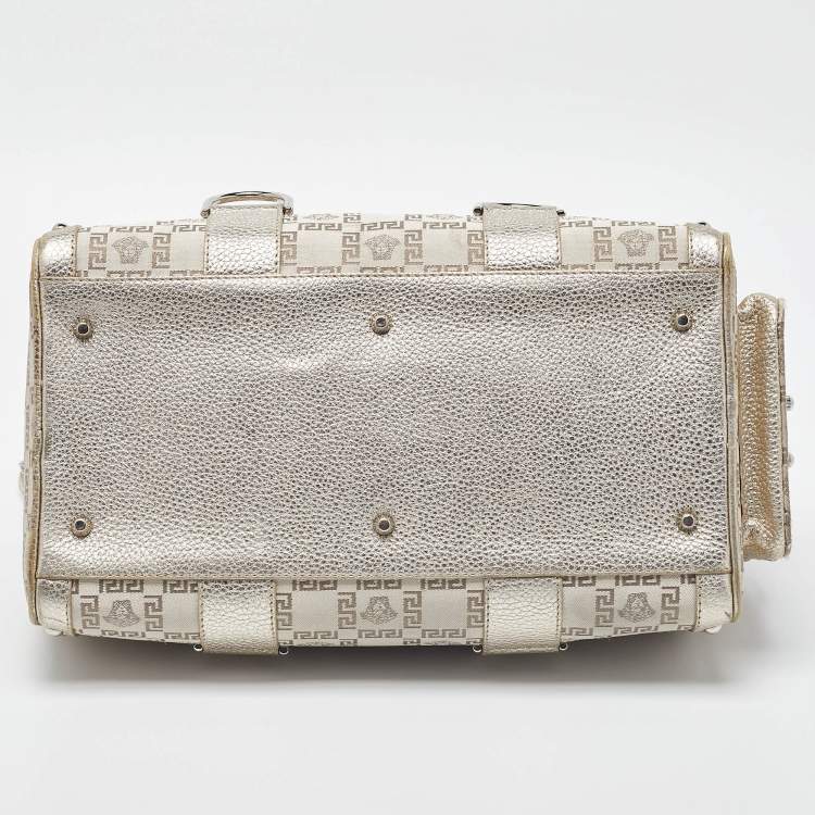 Pre Owned Versace Metallic Gold/Beige Signature Fabric and Leather Snap Out Of It Satchel