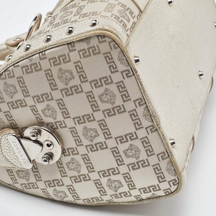 Pre Owned Versace Metallic Gold/Beige Signature Fabric and Leather Snap Out Of It Satchel