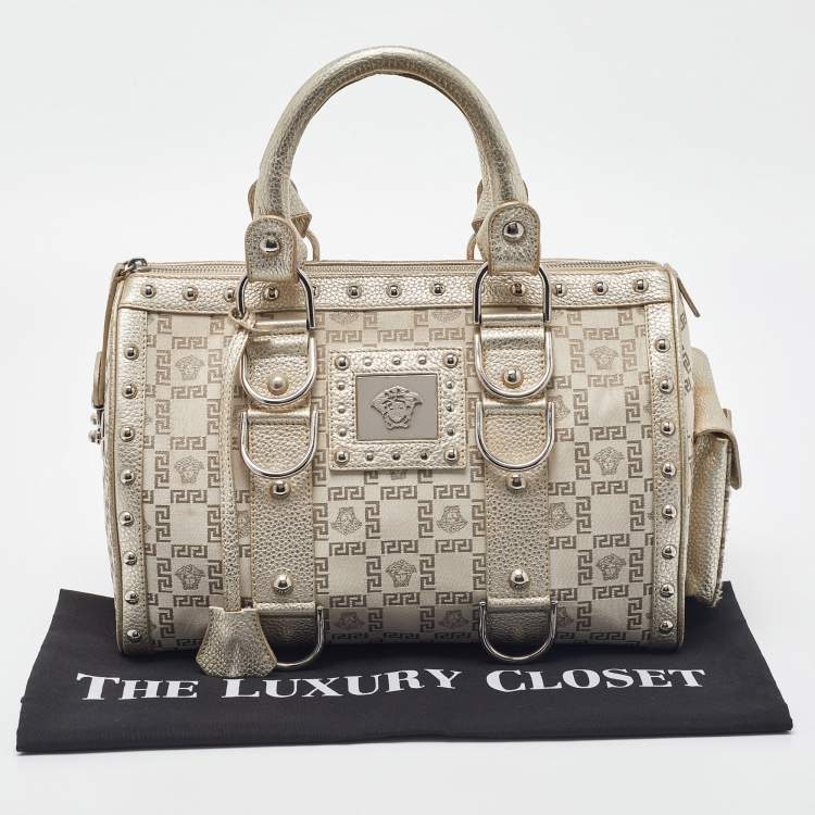 Pre Owned Versace Metallic Gold/Beige Signature Fabric and Leather Snap Out Of It Satchel