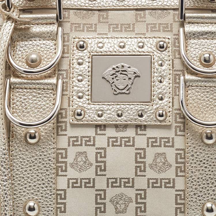 Pre Owned Versace Metallic Gold/Beige Signature Fabric and Leather Snap Out Of It Satchel