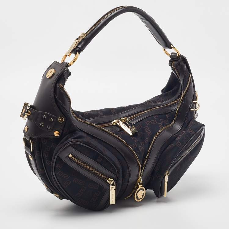 Pre Owned Versace Brown/Black Signature Fabric and Leather Biker Hobo