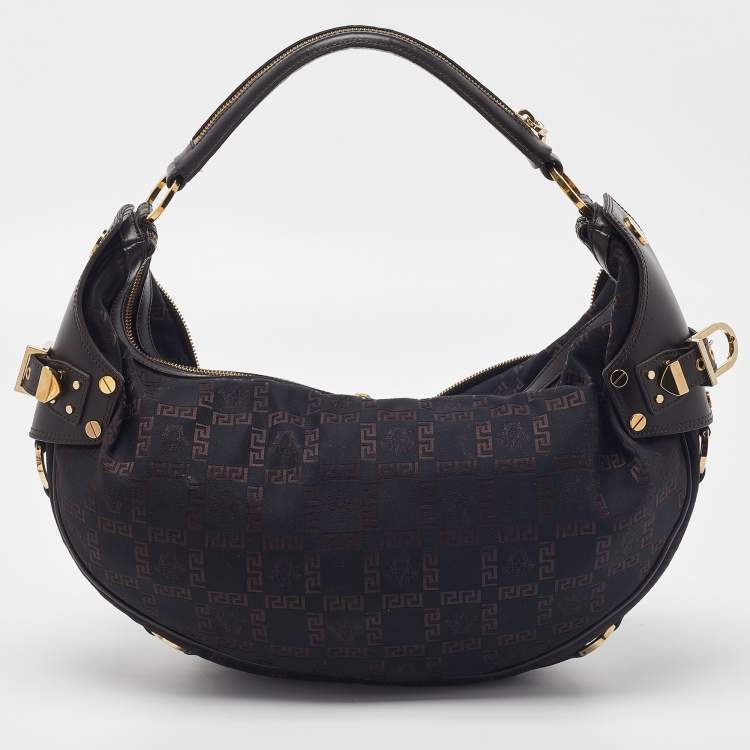 Pre Owned Versace Brown/Black Signature Fabric and Leather Biker Hobo