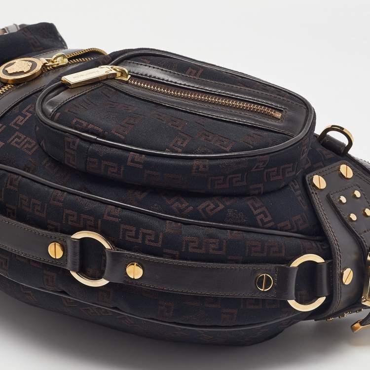 Pre Owned Versace Brown/Black Signature Fabric and Leather Biker Hobo