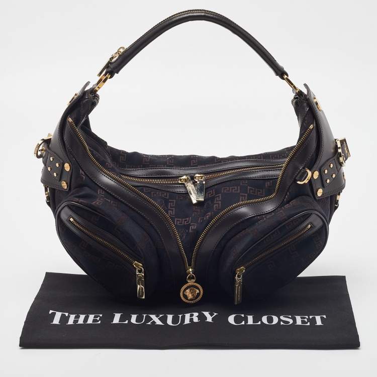 Pre Owned Versace Brown/Black Signature Fabric and Leather Biker Hobo