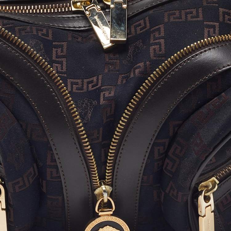 Pre Owned Versace Brown/Black Signature Fabric and Leather Biker Hobo