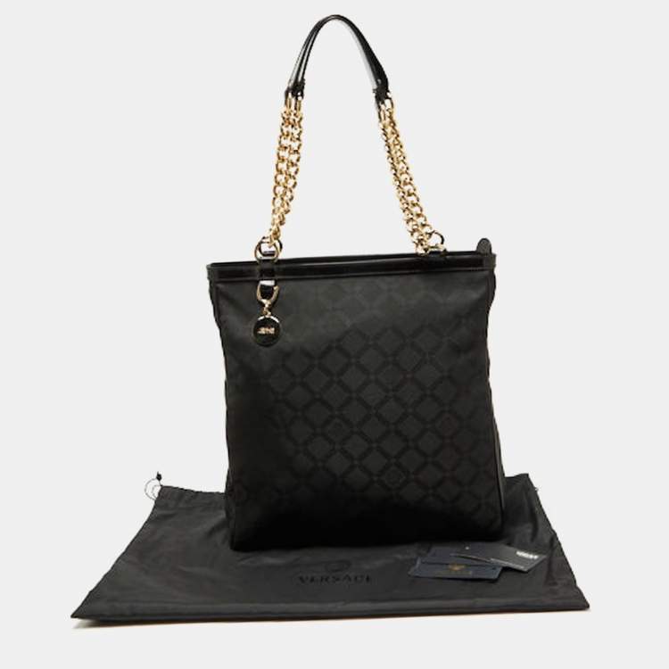 Pre Owned Versace Black Signature Fabric and Patent Leather Shopper Chain Tote