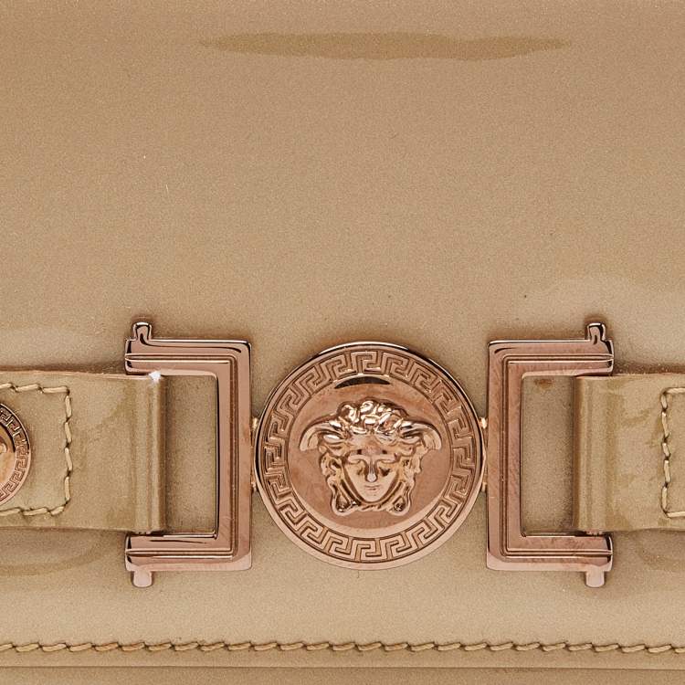 Pre Owned Versace Gold Patent Leather Medusa Wallet On Chain