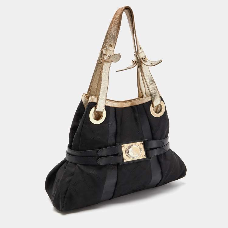 Pre Owned Versace Black/Gold Monogram Nylon and Leather Medusa Plaque Tote