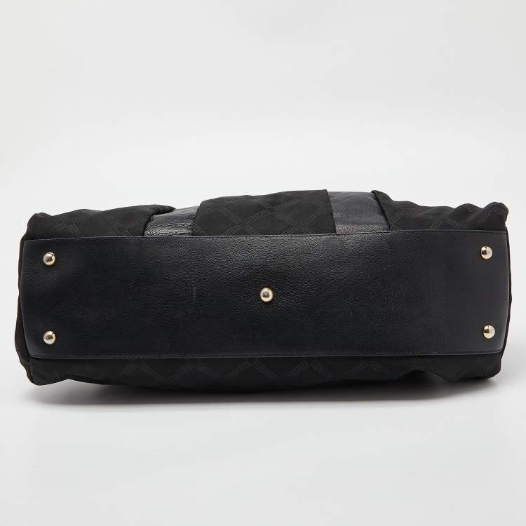 Pre Owned Versace Black/Gold Monogram Nylon and Leather Medusa Plaque Tote