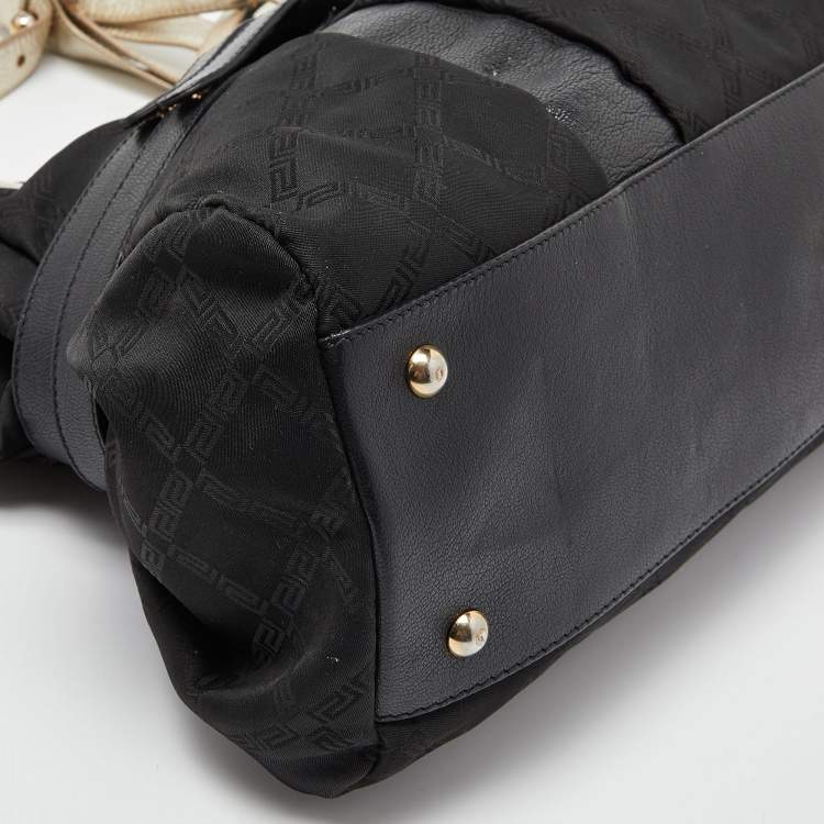 Pre Owned Versace Black/Gold Monogram Nylon and Leather Medusa Plaque Tote