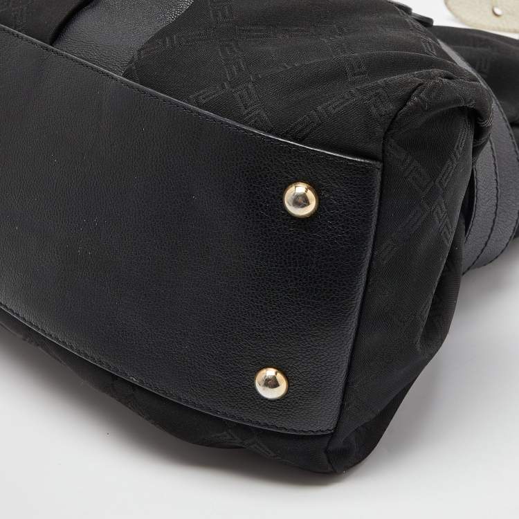 Pre Owned Versace Black/Gold Monogram Nylon and Leather Medusa Plaque Tote