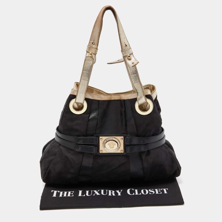 Pre Owned Versace Black/Gold Monogram Nylon and Leather Medusa Plaque Tote