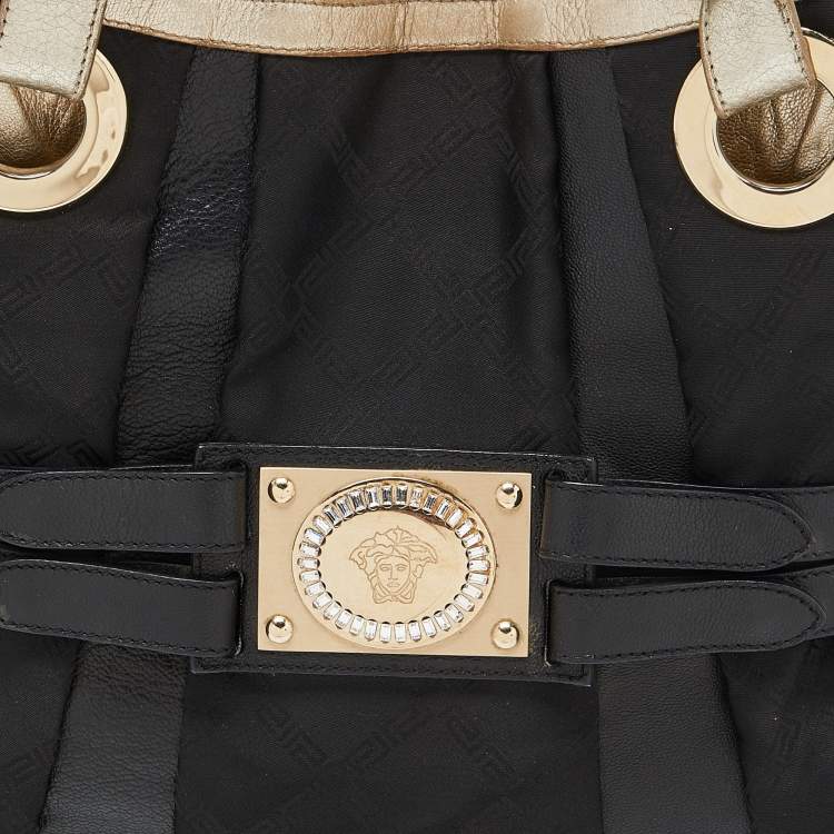 Pre Owned Versace Black/Gold Monogram Nylon and Leather Medusa Plaque Tote