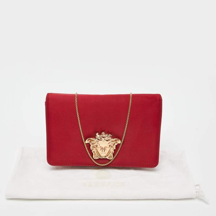 Pre Owned Versace Red Satin Palazzo Medusa Chain Clutch