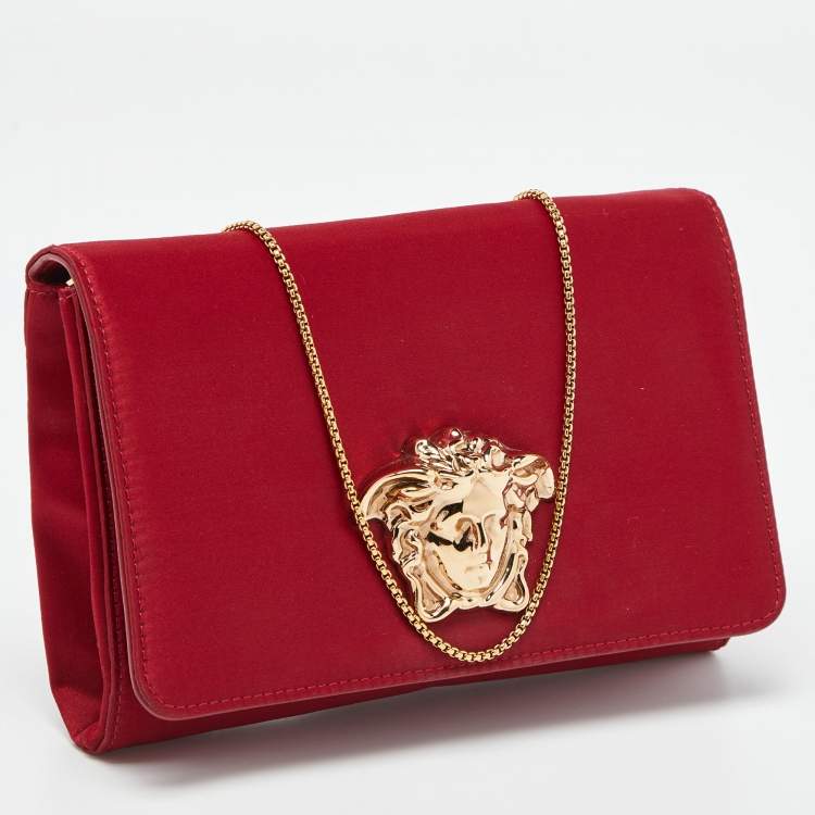 Pre Owned Versace Red Satin Palazzo Medusa Chain Clutch