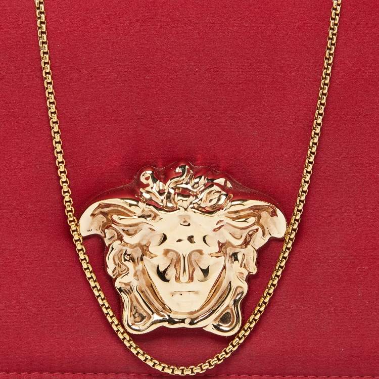 Pre Owned Versace Red Satin Palazzo Medusa Chain Clutch