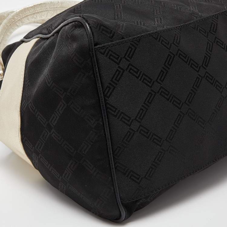 Pre Owned Versace Black/Gold Monogram Nylon and Leather Medusa Plaque Tote