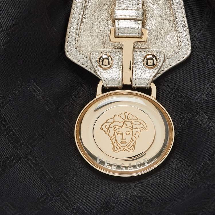 Pre Owned Versace Black/Gold Monogram Nylon and Leather Medusa Plaque Tote