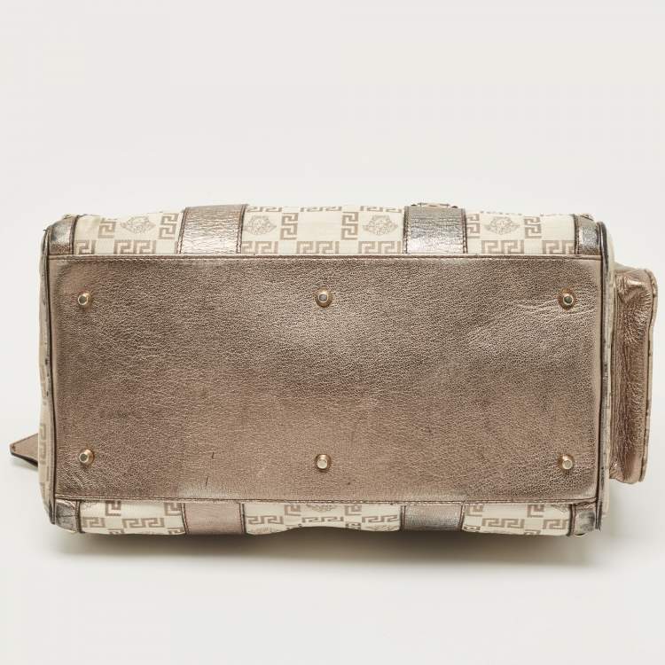 Pre Owned Versace Pale Gold/Beige Signature Fabric and Leather Snap Out Of It Satchel
